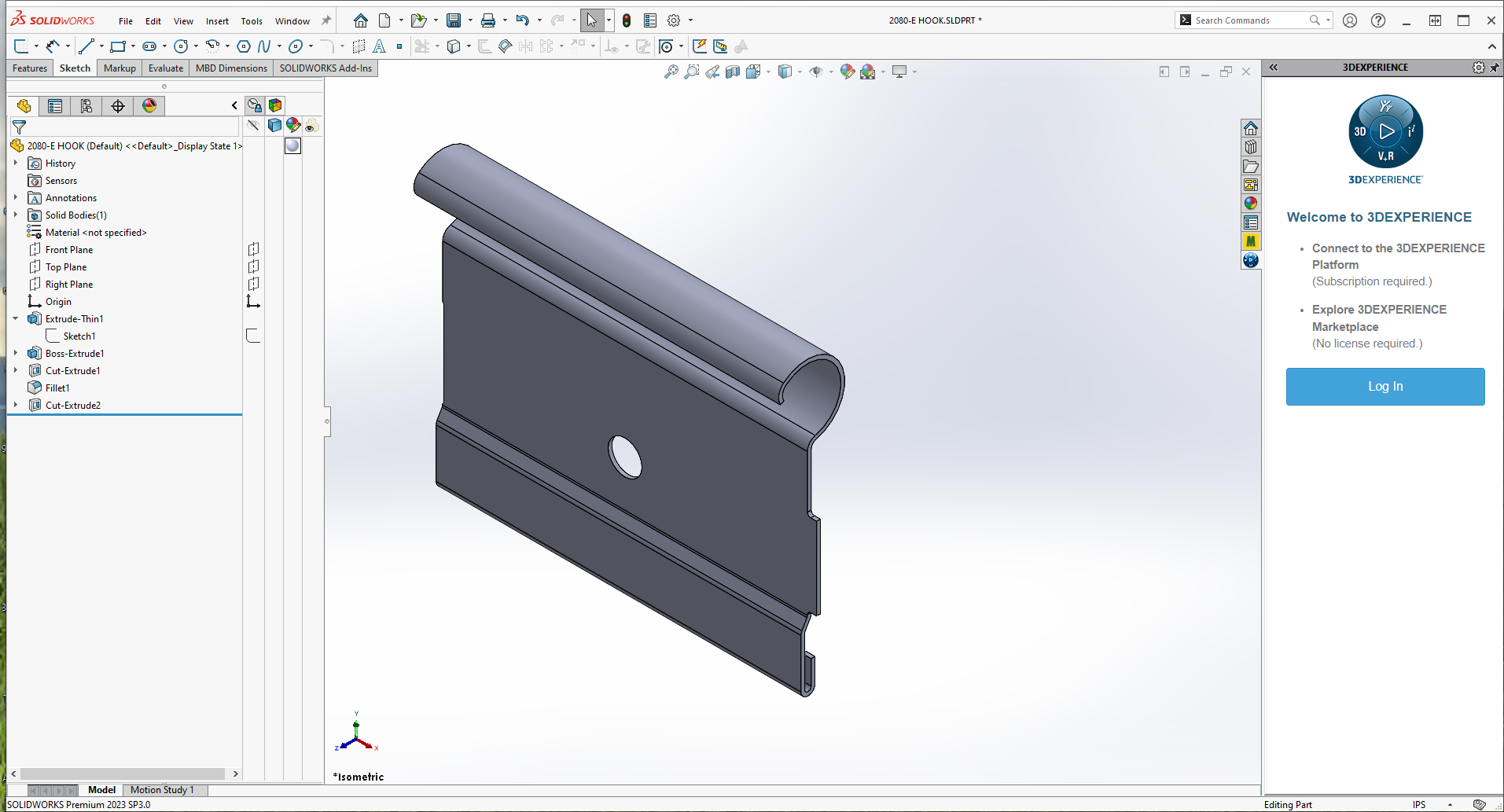 A screenshot of CAD software displays a 3D model of a U-shaped metal bracket featuring a circular hole in the center. The interface includes toolbars and a component tree on the left, with a login prompt on the right for the 3DEXPERIENCE platform, ideal for stamping specialists ensuring quality design.