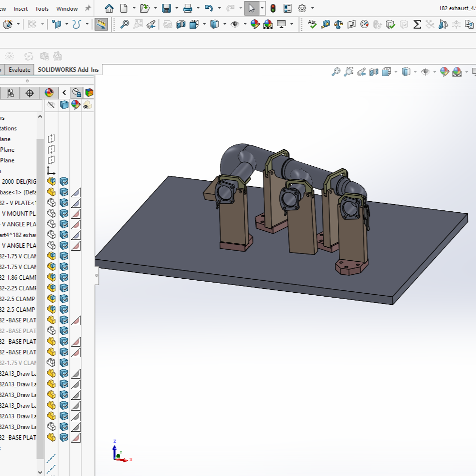 A CAD design in a software window showcases a mechanical assembly with pipes and clamps on a flat base. The interface, crucial for machinists, displays a component tree on the left and various toolbars at the top for ensuring high quality designs.