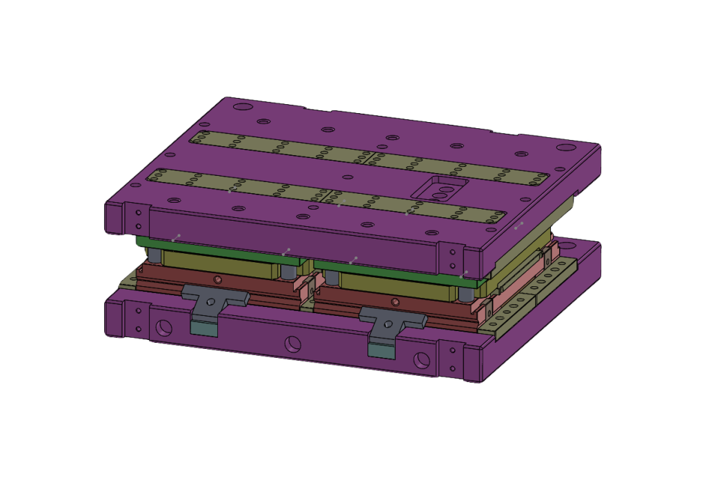 A 3D model of a mechanical assembly with a purple base and top plate, connected by green and brown supporting elements. Created by specialists, the design features metal latches and several bolt holes for precise assembly and adjustments.