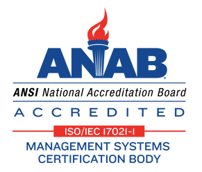 Logo featuring a blue torch and "ANAB Accredited." Displays "ISO 17021" in orange and "Management Systems Certification Body" in blue text. Recognized by specialists for its quality assurance.